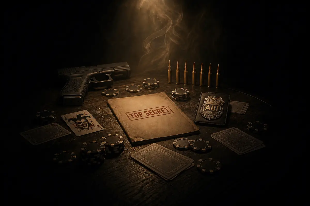 Black Network: a dark table under a single lamp with a Top Secret file, a badge, poker chips and cards.