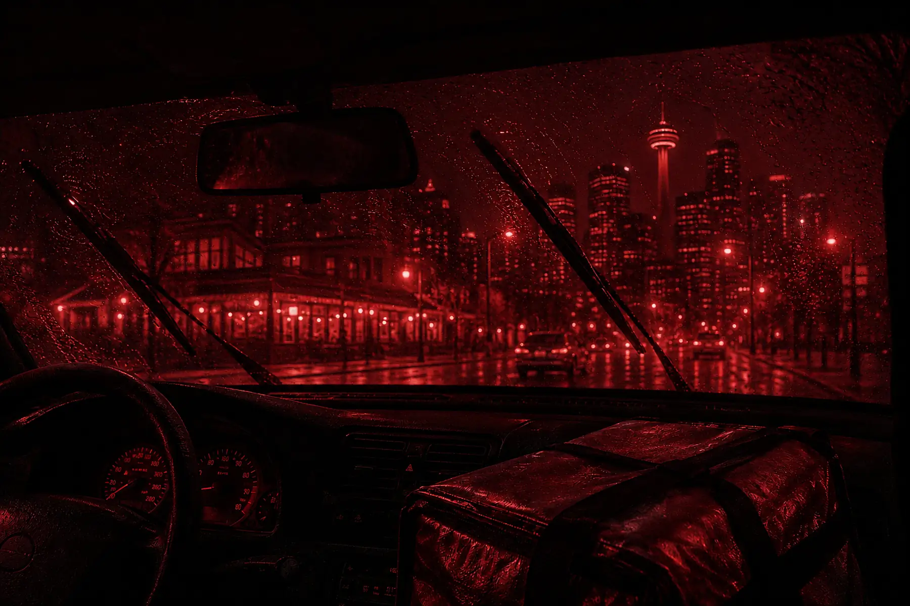 Rainy Calgary night seen through a windshield, an insulated delivery bag on the passenger seat, the Calgary Tower lit in the distance.